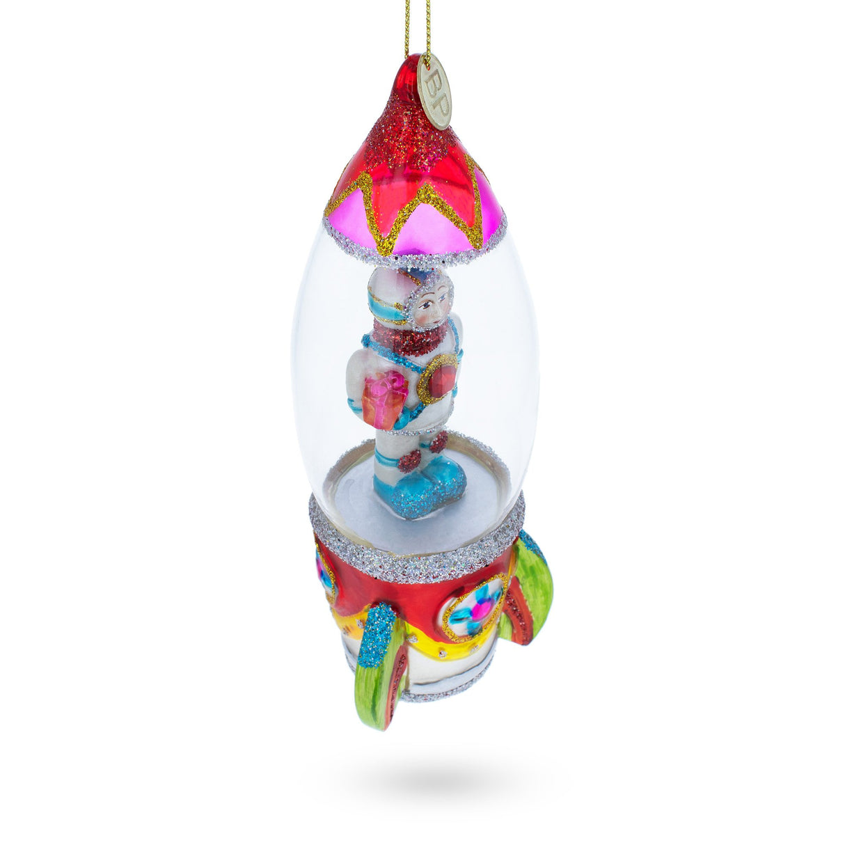 Trailblazing Astronaut Inside Spaceship - Blown Glass Christmas Ornament ,dimensions in inches: 2.29 x 2.09 x 6.5