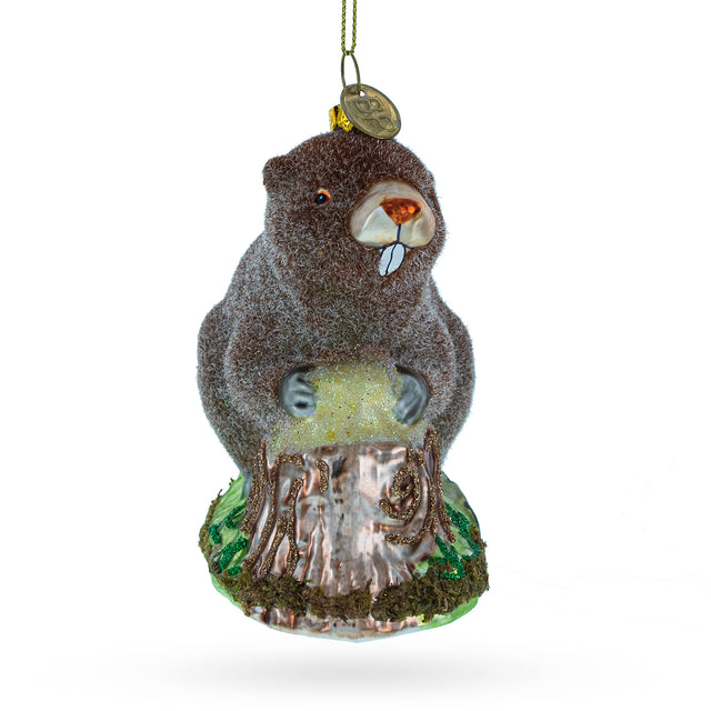 Glass Industrious Beaver Holding a Log - Blown Glass Christmas Ornament in Multi color