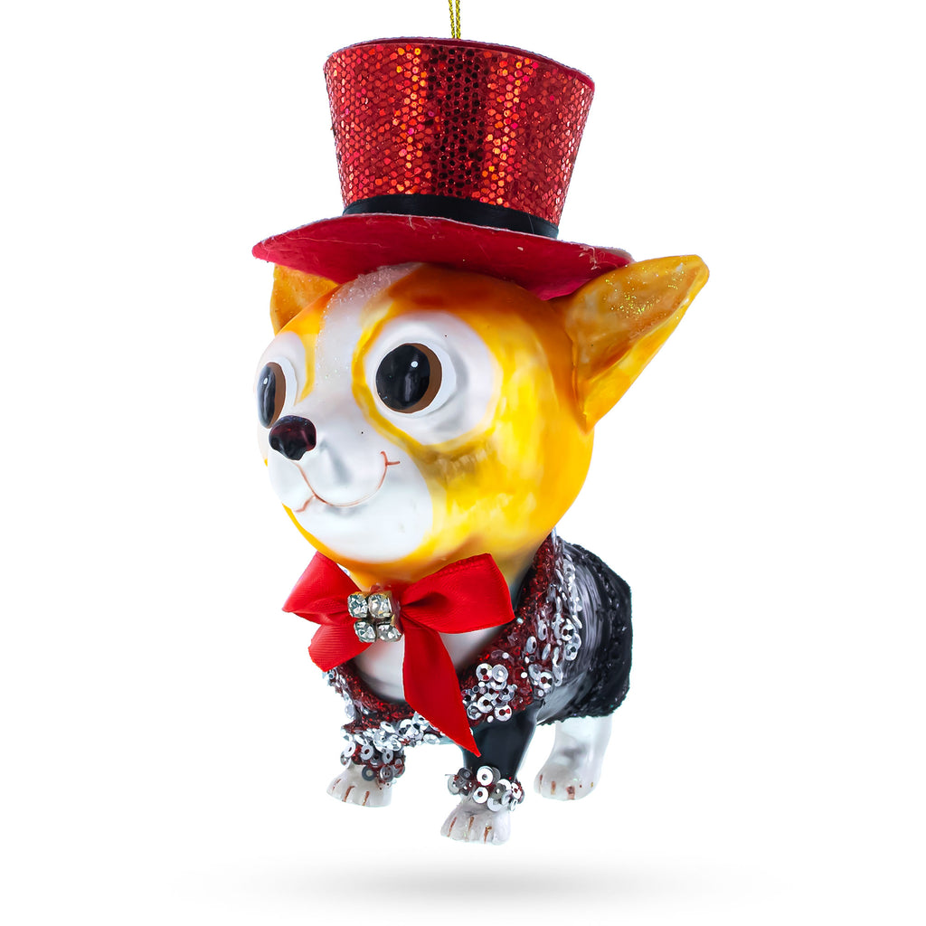 Chihuahua in Top Hat Glass Christmas Ornament in Yellow color Figurine