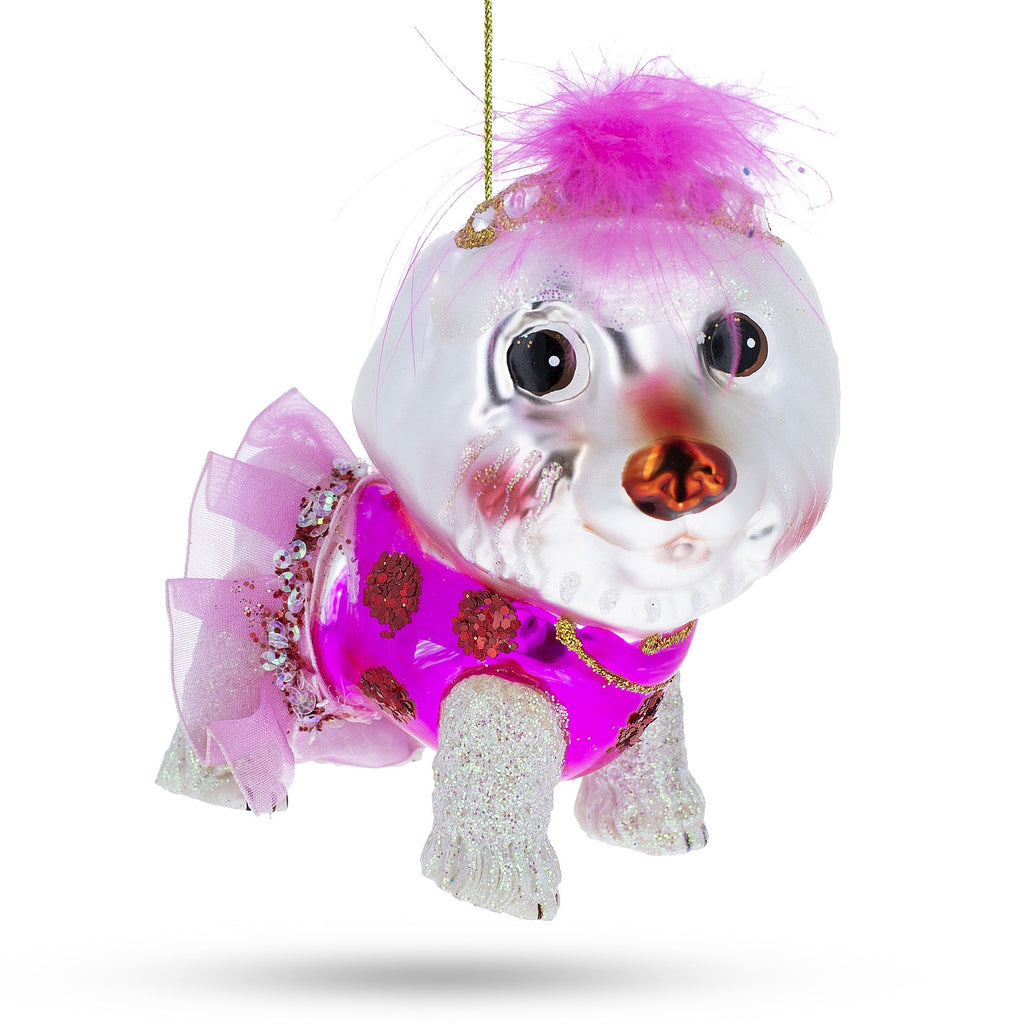 Bichon Frise Glass Christmas Ornament in Pink color Figurine