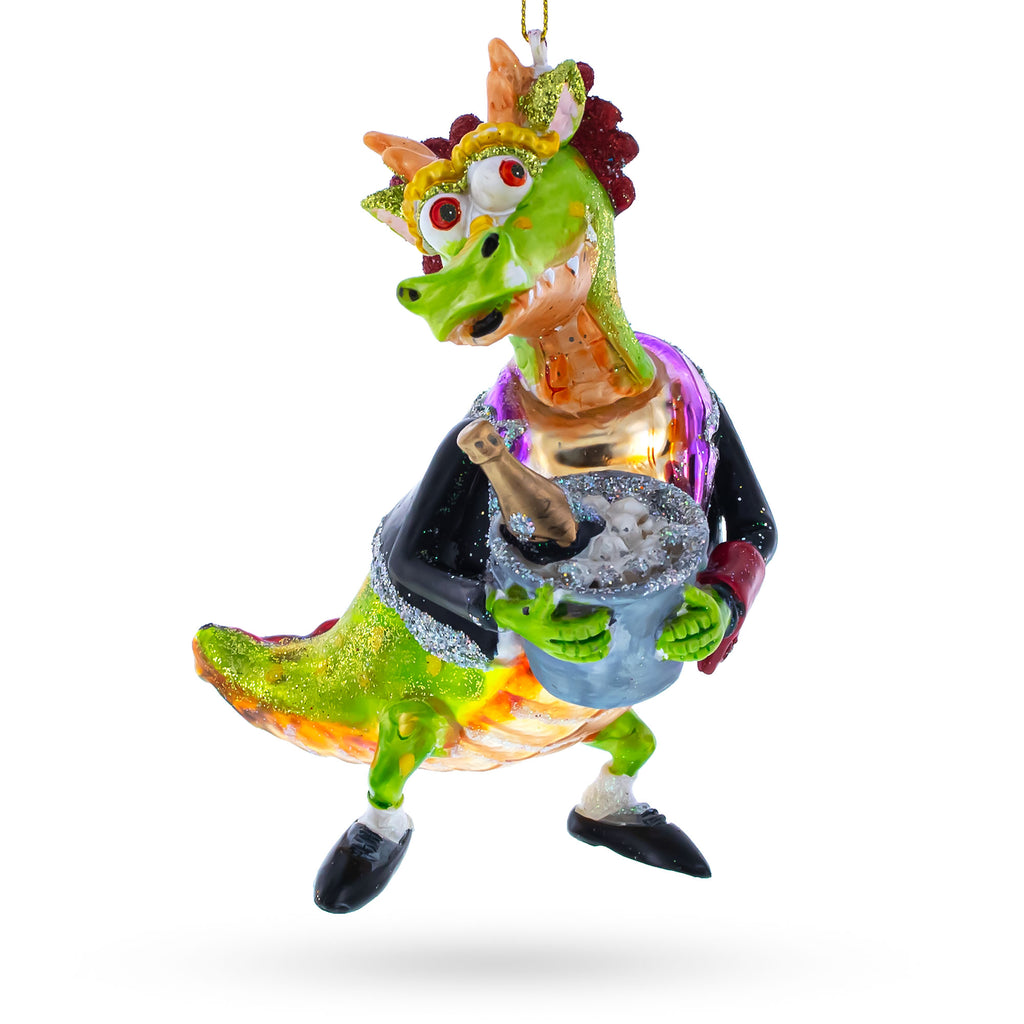 Dragon Clutching Champagne Glass Christmas Ornament in Green color Figurine