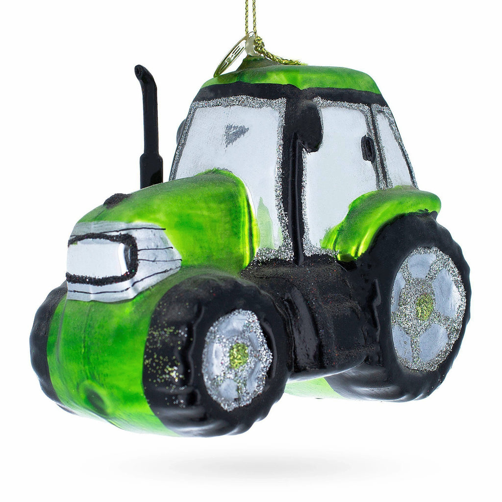 Rustic Green Tractor Glass Christmas Ornament in Green color Figurine