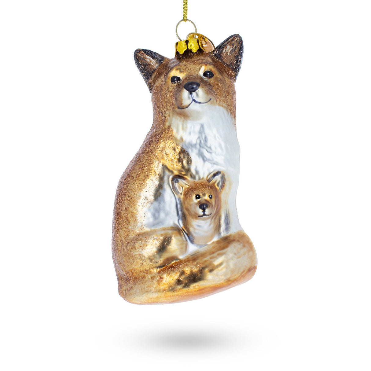 Loving Mother and Baby Fox - Blown Glass Christmas Ornament in Brown color,  shape