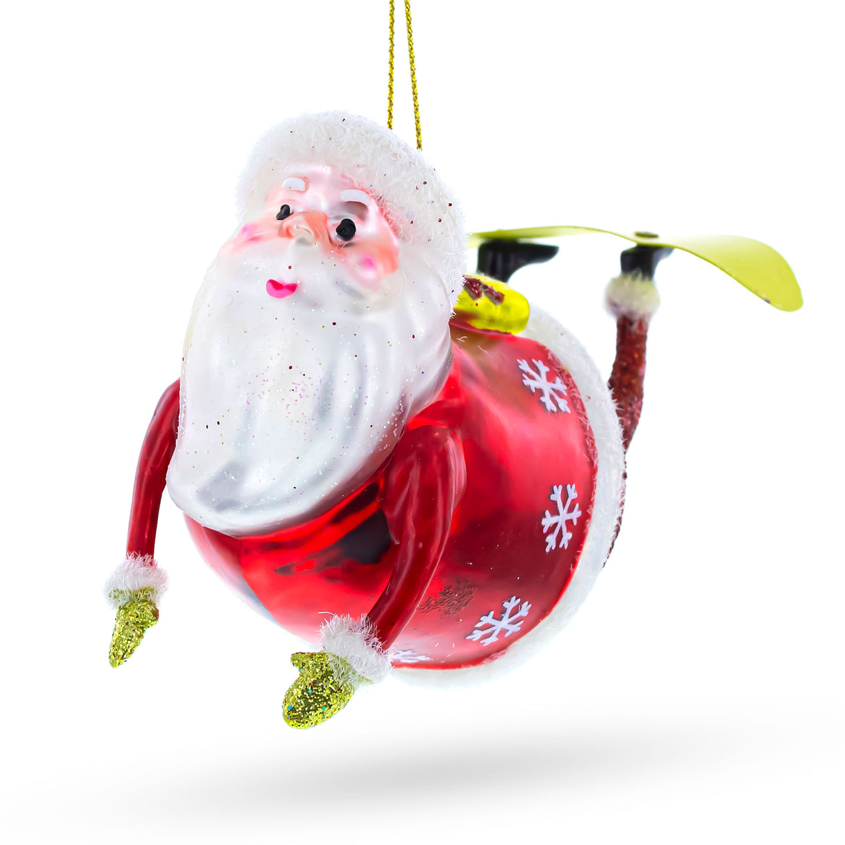 Adventurous Santa Snowboarding - Captivating Blown Glass Christmas Ornament in Red color,  shape