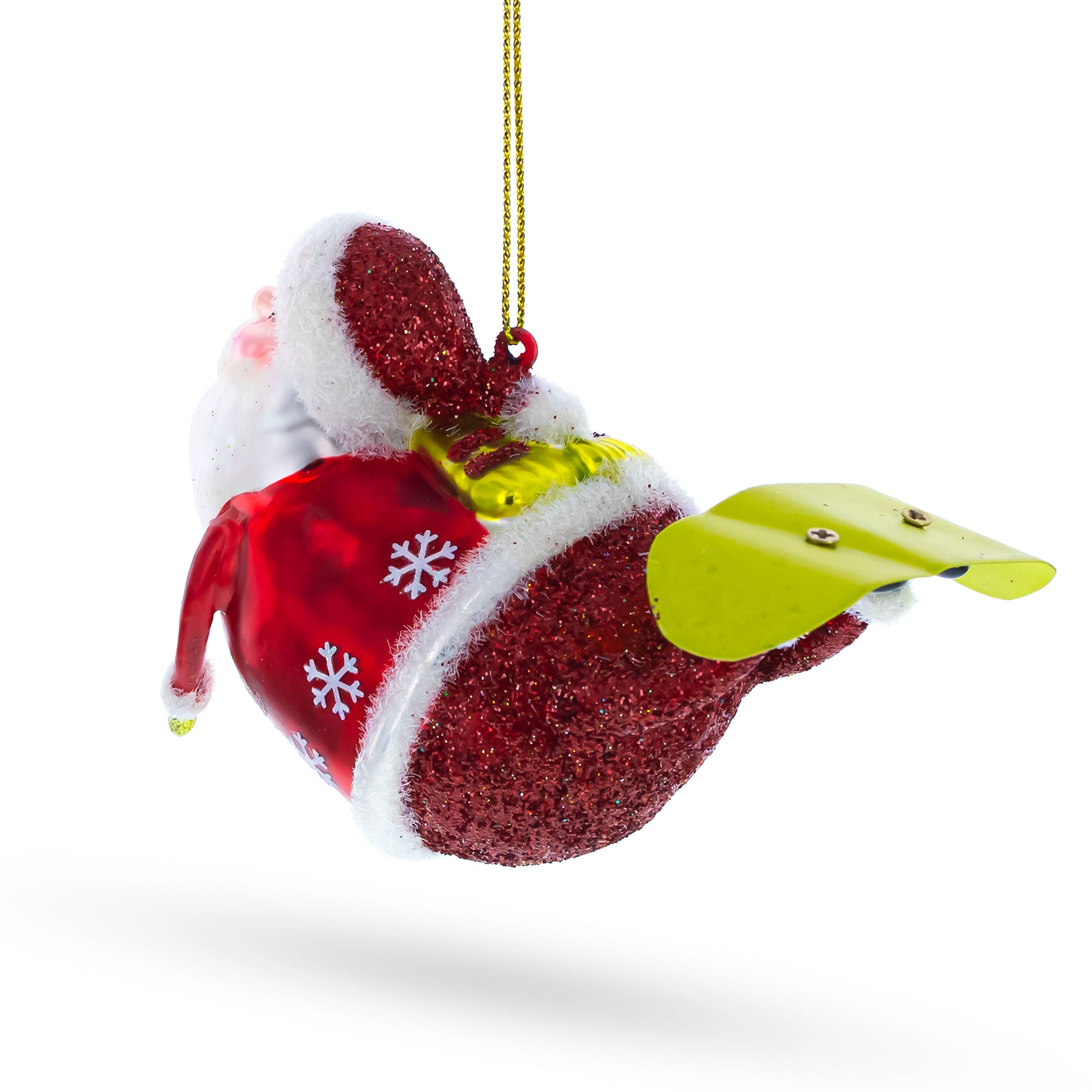 Santa Snowboarding Blown Glass Christmas OrnamentChina , dimensions in inches: 4.5 x 3 x