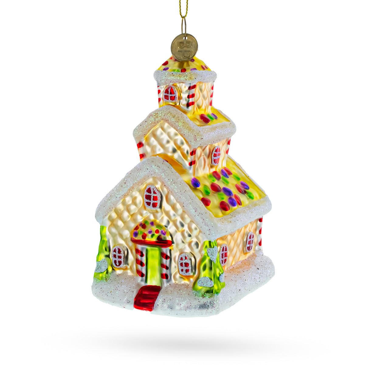 Sweet Gingerbread House Adorned with Candy Canes - Detailed  Blown Glass Christmas Ornament in Orange color,  shape