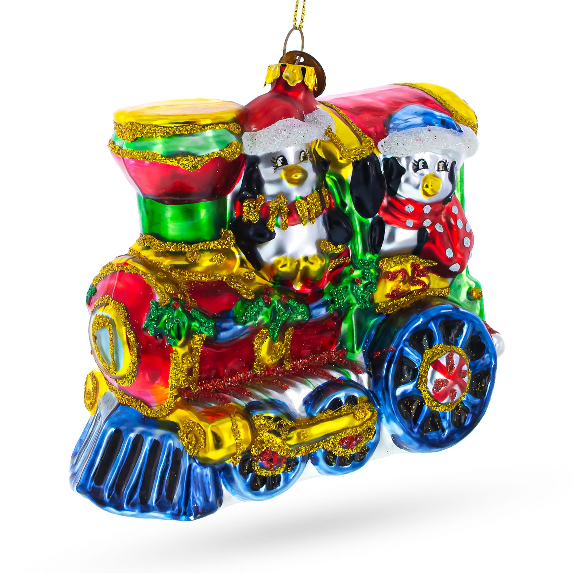 Playful Penguins Riding Train Glass Christmas Ornament in Red color Figurine