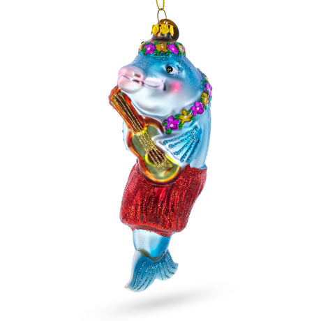 Island Serenade: Dolphin Playing Guitar - Blown Glass Christmas Ornament in Multi color,  shape