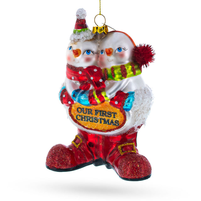 Romantic Snowmen Couple: Our First Christmas - Blown Glass Christmas Ornament in Multi color,  shape