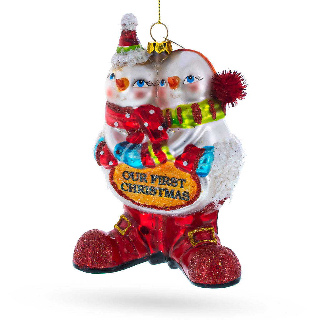 Glass Romantic Snowmen Couple: Our First Christmas - Blown Glass Christmas Ornament in Multi color
