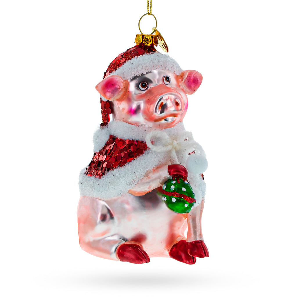 Glass Festive Pig Donning a Santa Hat - Premium Blown Glass Christmas Ornament in Pink color