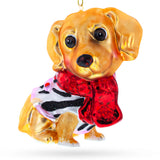 Cute Golden Retriever Puppy in Red Scarf - Blown Glass Christmas Ornament in Gold color,  shape