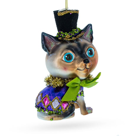 Playful "Cat in the Hat" - Blown Glass Christmas Ornament in Multi color,  shape