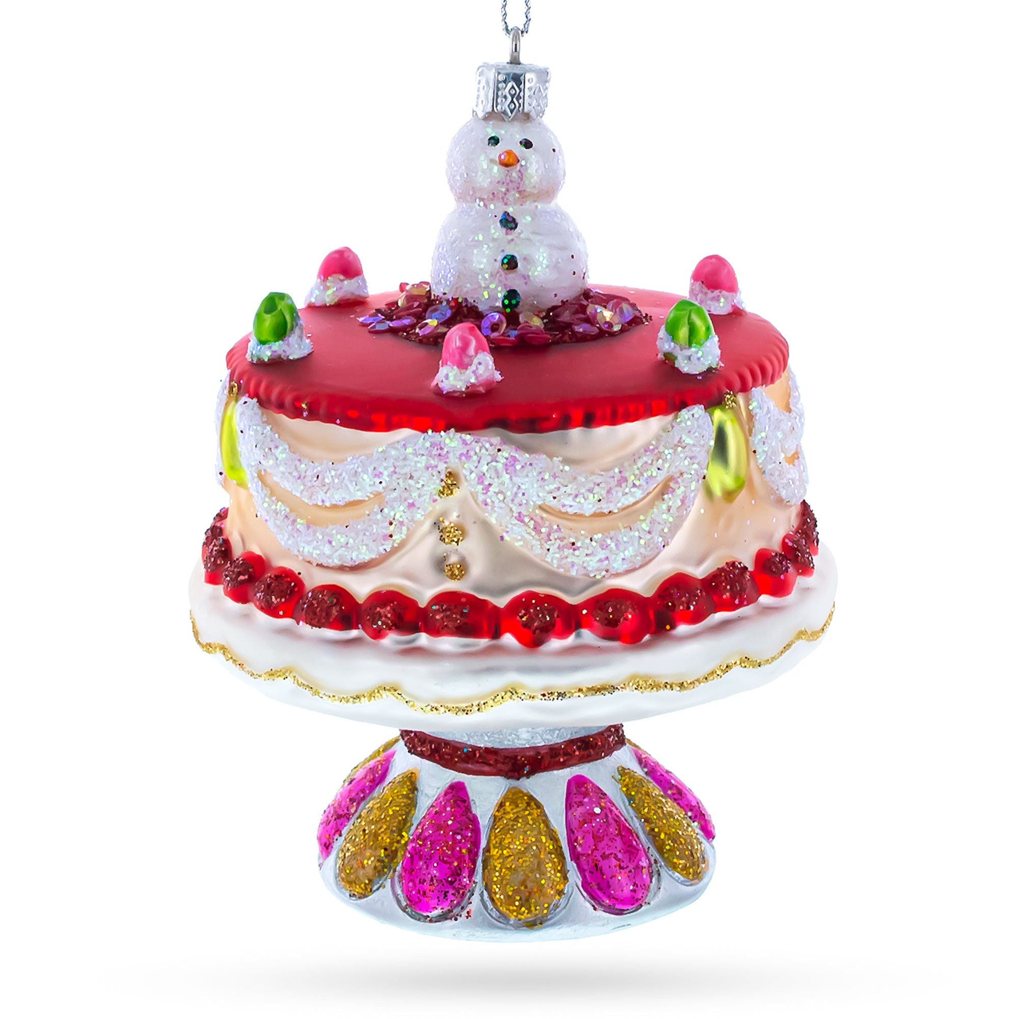 Delightful Snowman Cake Decoration Glass Christmas Ornament in Red color Figurine
