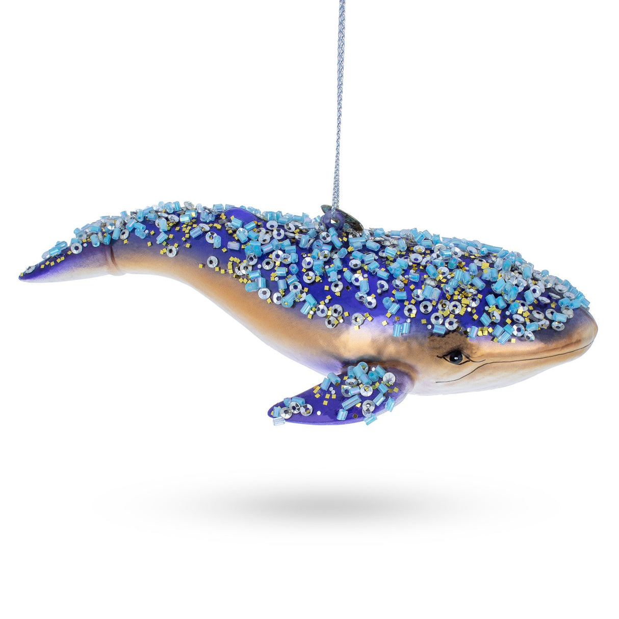 Majestic Blue Whale - Blown Glass Christmas Ornament in Blue color,  shape