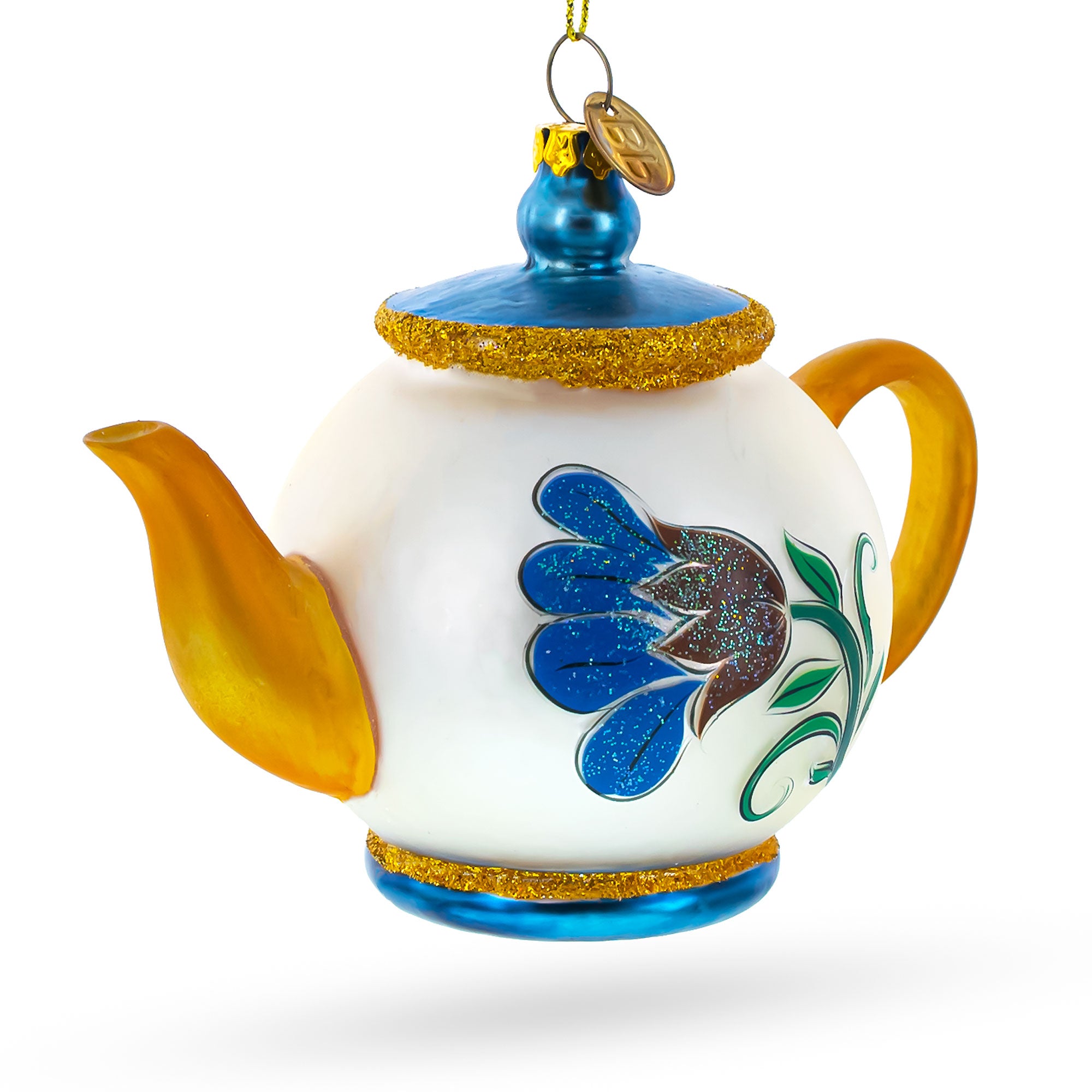 Decorated Teapot Glass Christmas Ornament in White color Figurine