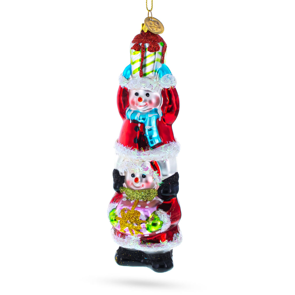 Glass Jolly Snowmen Friends Sharing Gifts - Vibrant Blown Glass Christmas Ornament in Red color