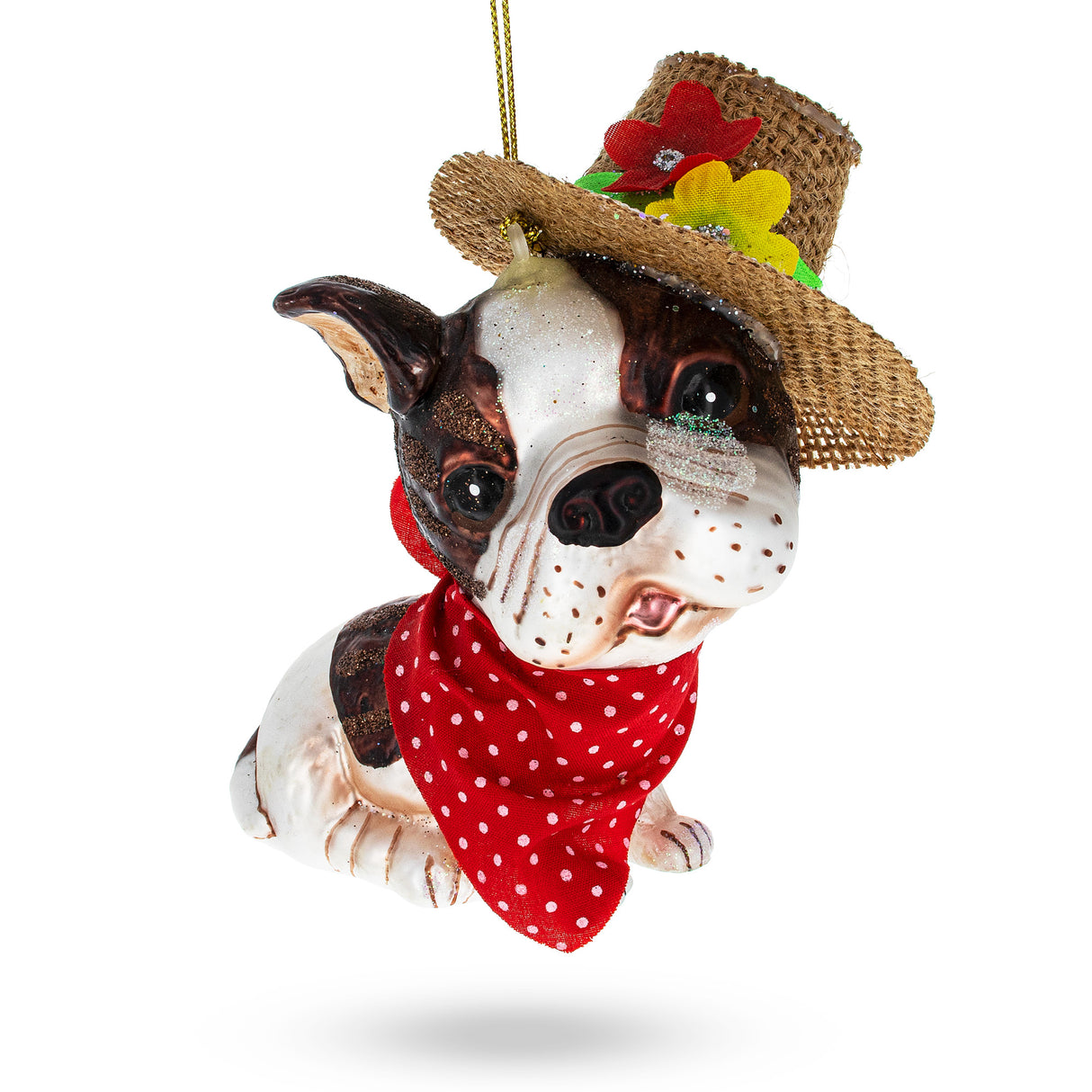 Glass Dapper Boston Terrier in Hat - Blown Glass Christmas Ornament in Multi color