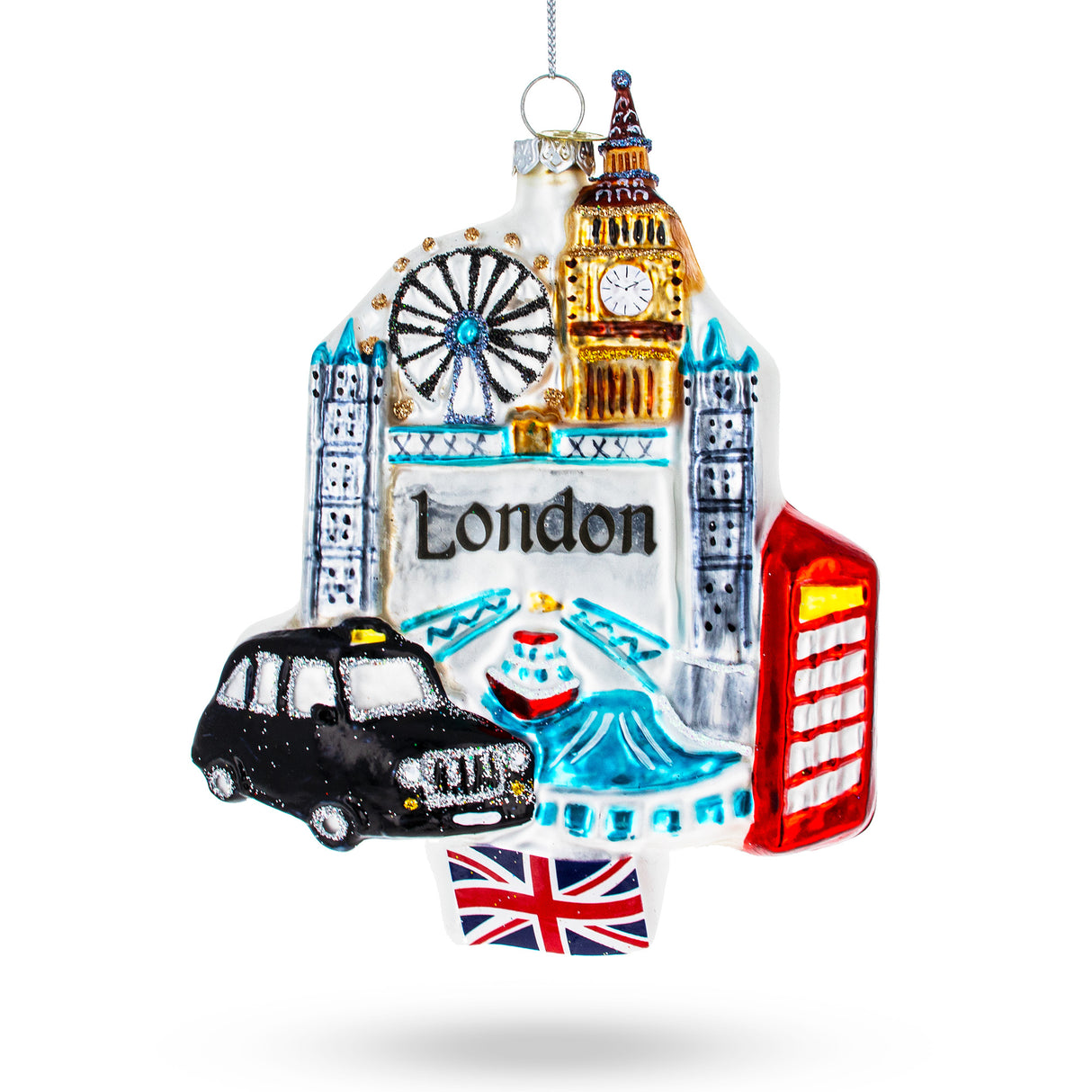 London Attractions, United Kingdom - Blown Glass Christmas Ornament in Multi color,  shape