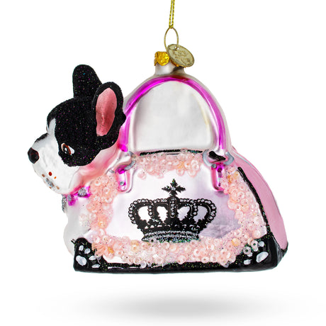 Glass Boston Terrier in Pink Handbag - Blown Glass Christmas Ornament in Multi color