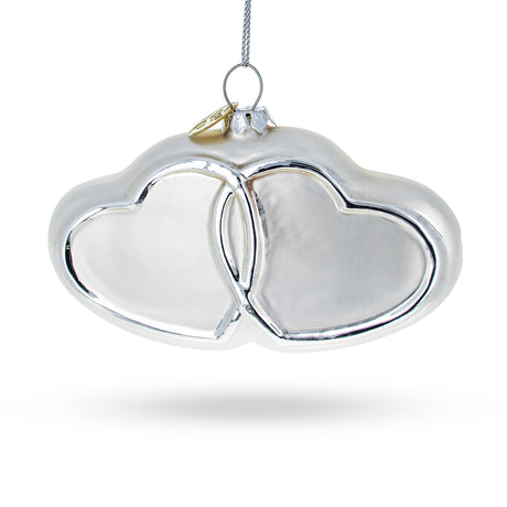 Linked Silver Hearts - Blown Glass Christmas Ornament in White color,  shape