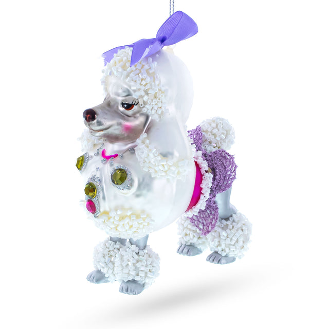 Elegant Bejeweled Poodle - Blown Glass Christmas Ornament in White color,  shape