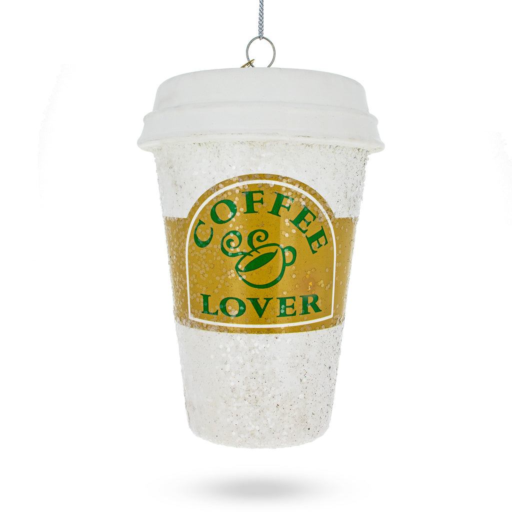 Coffee Lover's Cup Glass Christmas Ornament in White color Figurine