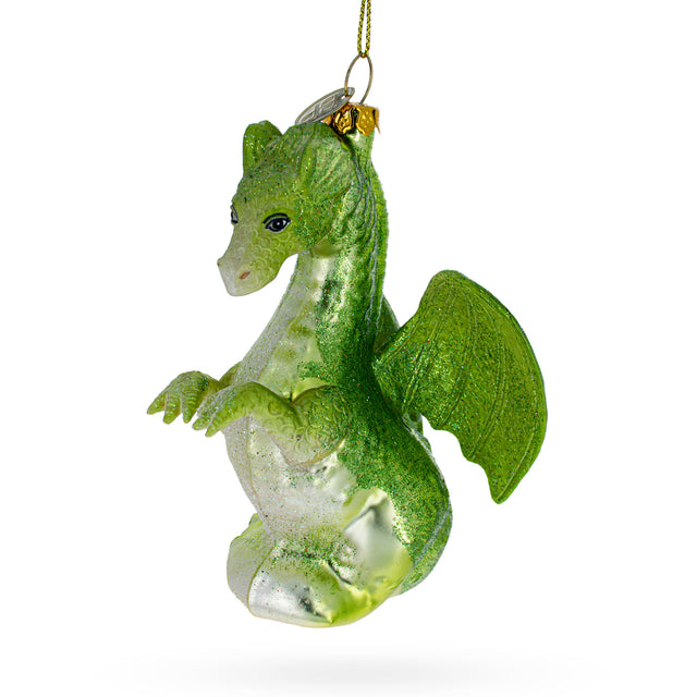 Majestic Flying Green Dragon - Blown Glass Christmas Ornament in Green color,  shape