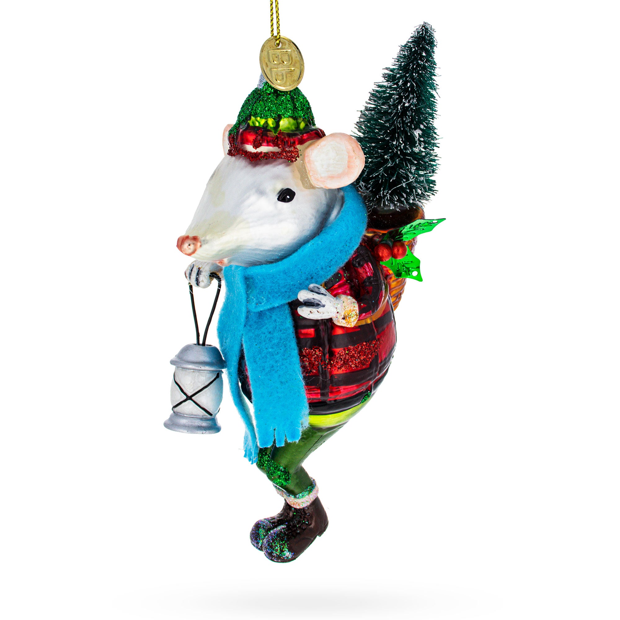 Mouse Carrying Lantern Glass Christmas Ornament in Silver color Figurine