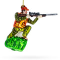 Sharpshooter Hunter with Rifle Glass Christmas Ornament in Green color Figurine