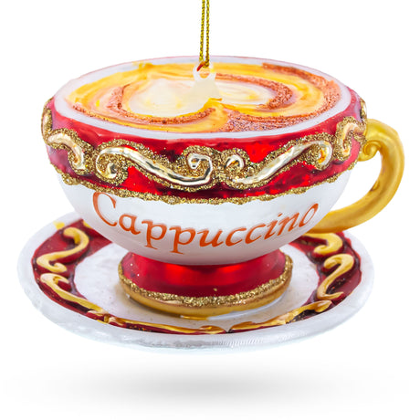 Glossy Red Cappuccino Cup - Blown Glass Christmas Ornament in Multi color,  shape