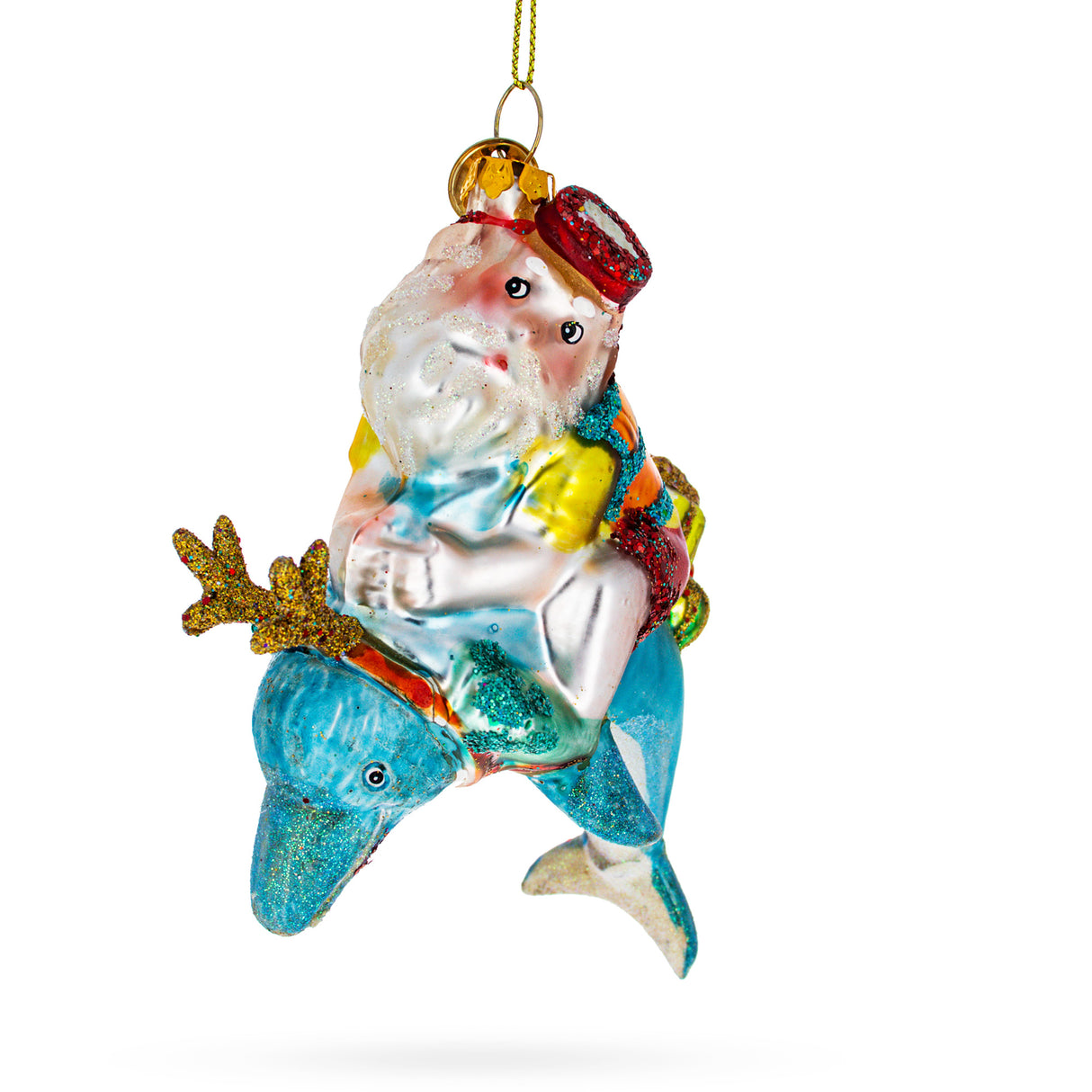 Santa Diver Riding Dolphin - Blown Glass Christmas Ornament in Multi color,  shape