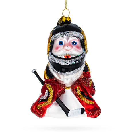 Glass Sporty Santa Playing Ice Hockey - Blown Glass Christmas Ornament in Red color