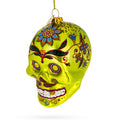 Decorated Skull Glass Christmas Ornament in Green color Figurine