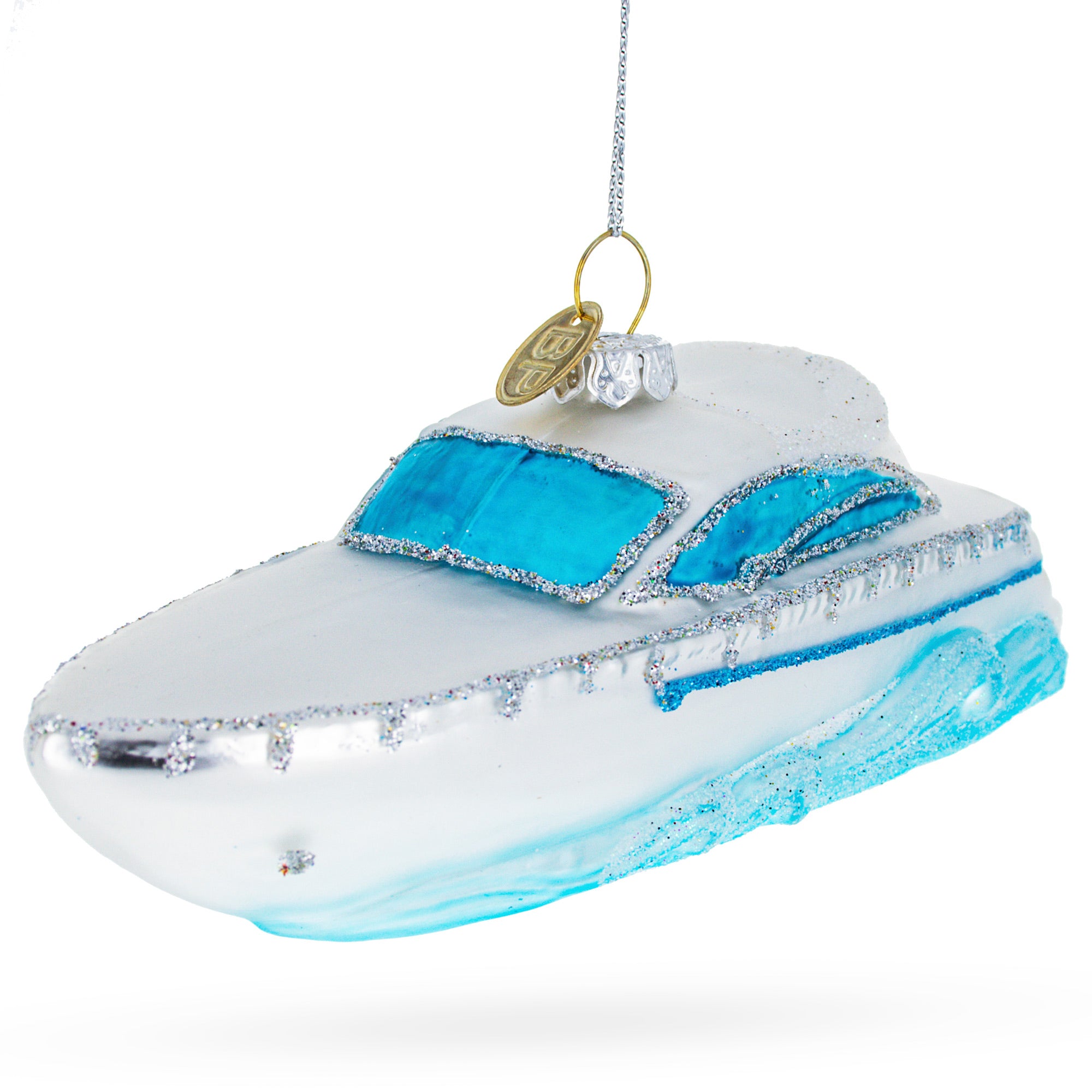 Luxurious White Yacht Powerboat Glass Christmas Ornament in White color Figurine