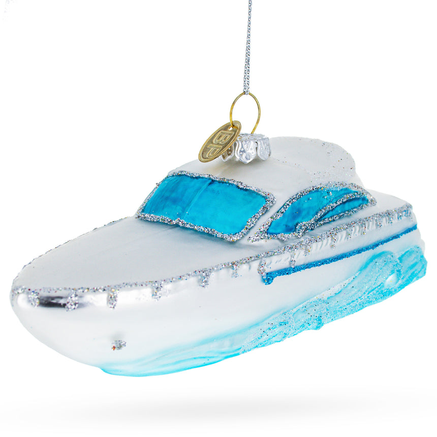 Luxurious White Yacht Powerboat Glass Christmas Ornament in  color