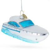 Luxurious White Yacht Powerboat - Blown Glass Christmas Ornament in White color,  shape