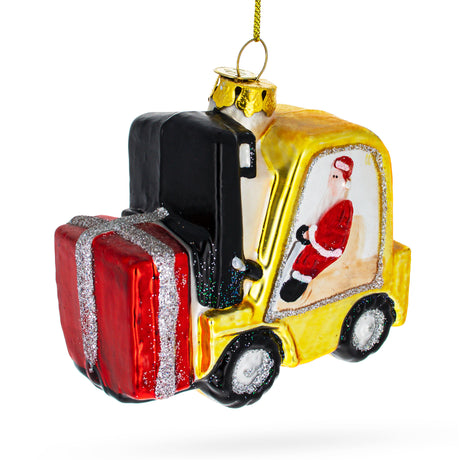 Jolly Santa Riding Forklift - Blown Glass Christmas Ornament in Multi color,  shape