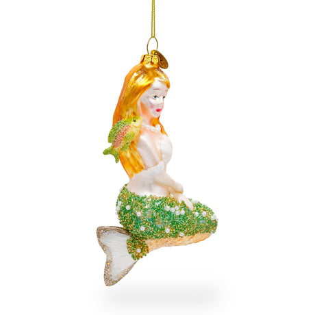 Glass Enchanting Mermaid and Fish - Blown Glass Christmas Ornament in Multi color