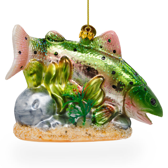 Lush Salmon Fish with Seaweed - Blown Glass Christmas Ornament in Multi color,  shape
