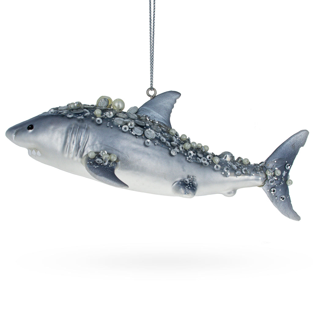Stunning Beaded Shark - Blown Glass Christmas Ornament in Gray color,  shape