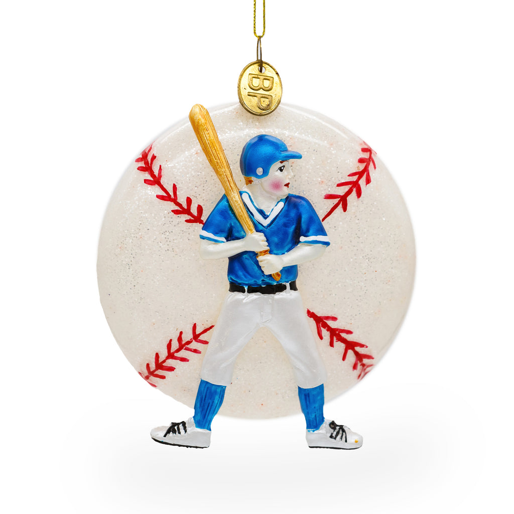 Baseball Player Glass Christmas Ornament in White color Figurine