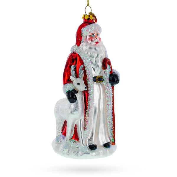 Santa Claus Guided by White Reindeer - Festive Blown Glass Christmas Ornament in Red color,  shape