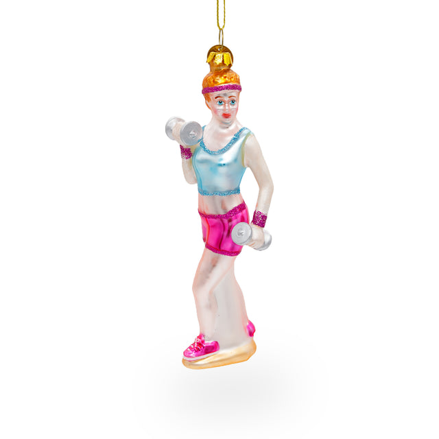Fit Girl Exercising with Dumbbells - Blown Glass Christmas Ornament in Multi color,  shape