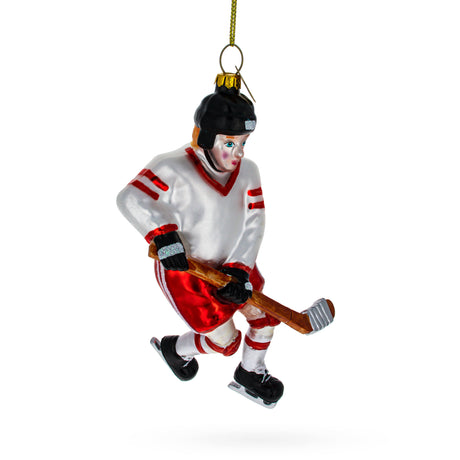Glass Skilled Hockey Player - Blown Glass Christmas Ornament in White color
