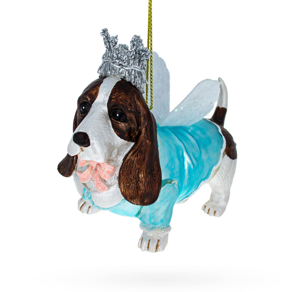 Basset Dog with Crown and Wings Glass Christmas Ornament in Blue color Figurine