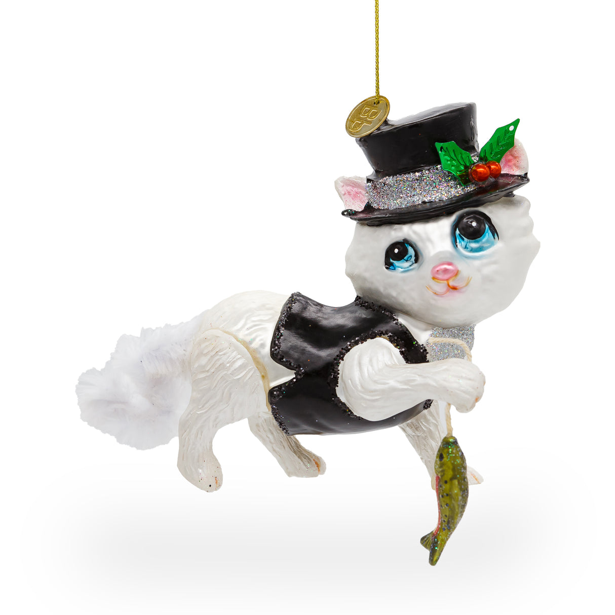 Mysterious Cat in Black Costume Holding Fish - Blown Glass Christmas Ornament in Multi color,  shape