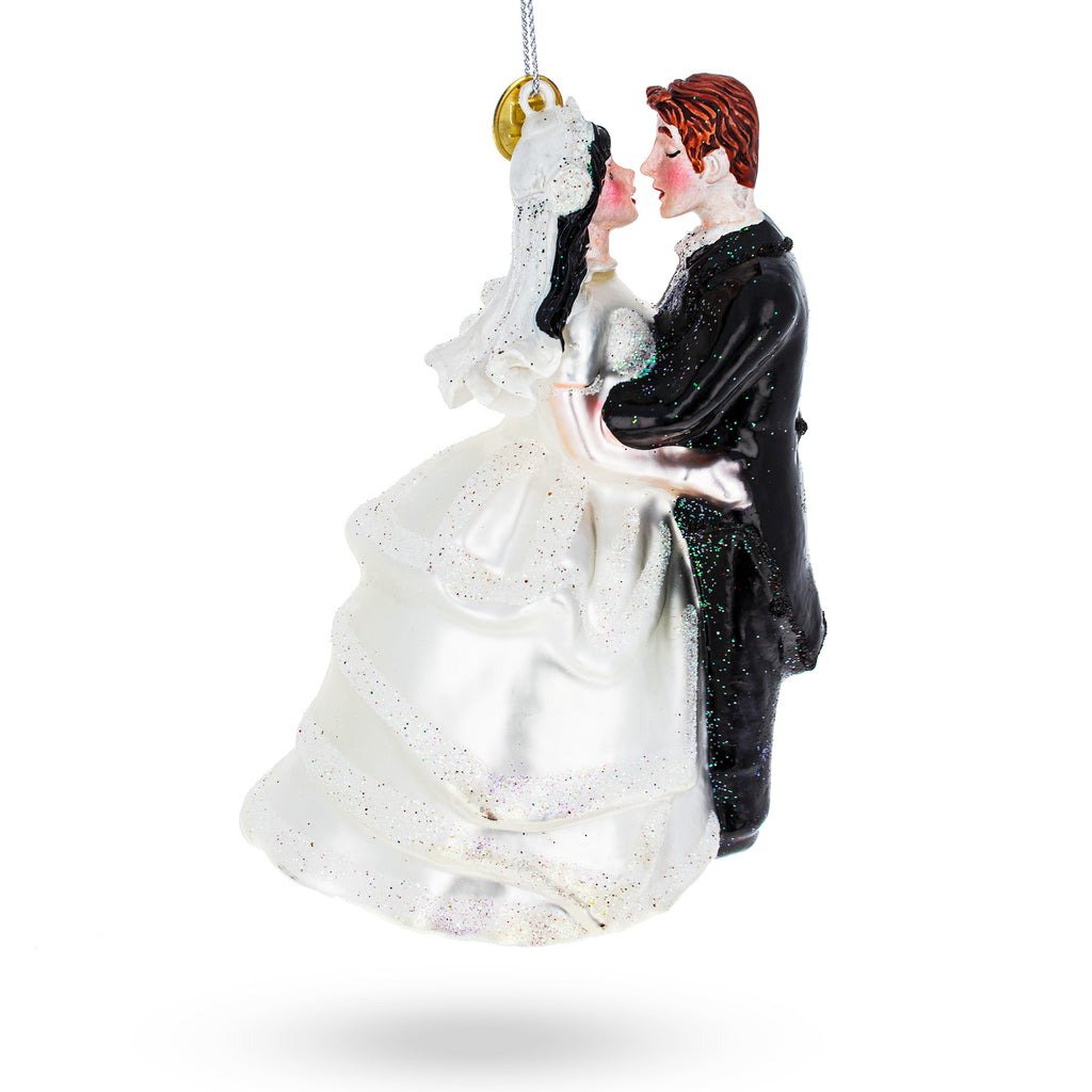 Glass Enchanting Bride and Groom Wedding Kiss - Elegant Blown Glass Christmas Ornament in White color