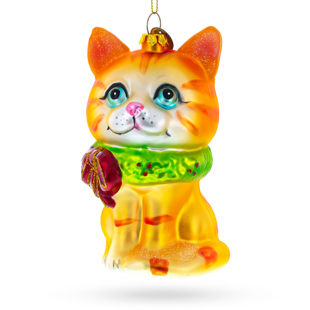 Glass Vibrant Orange Cat - Blown Glass Christmas Ornament in Orange color