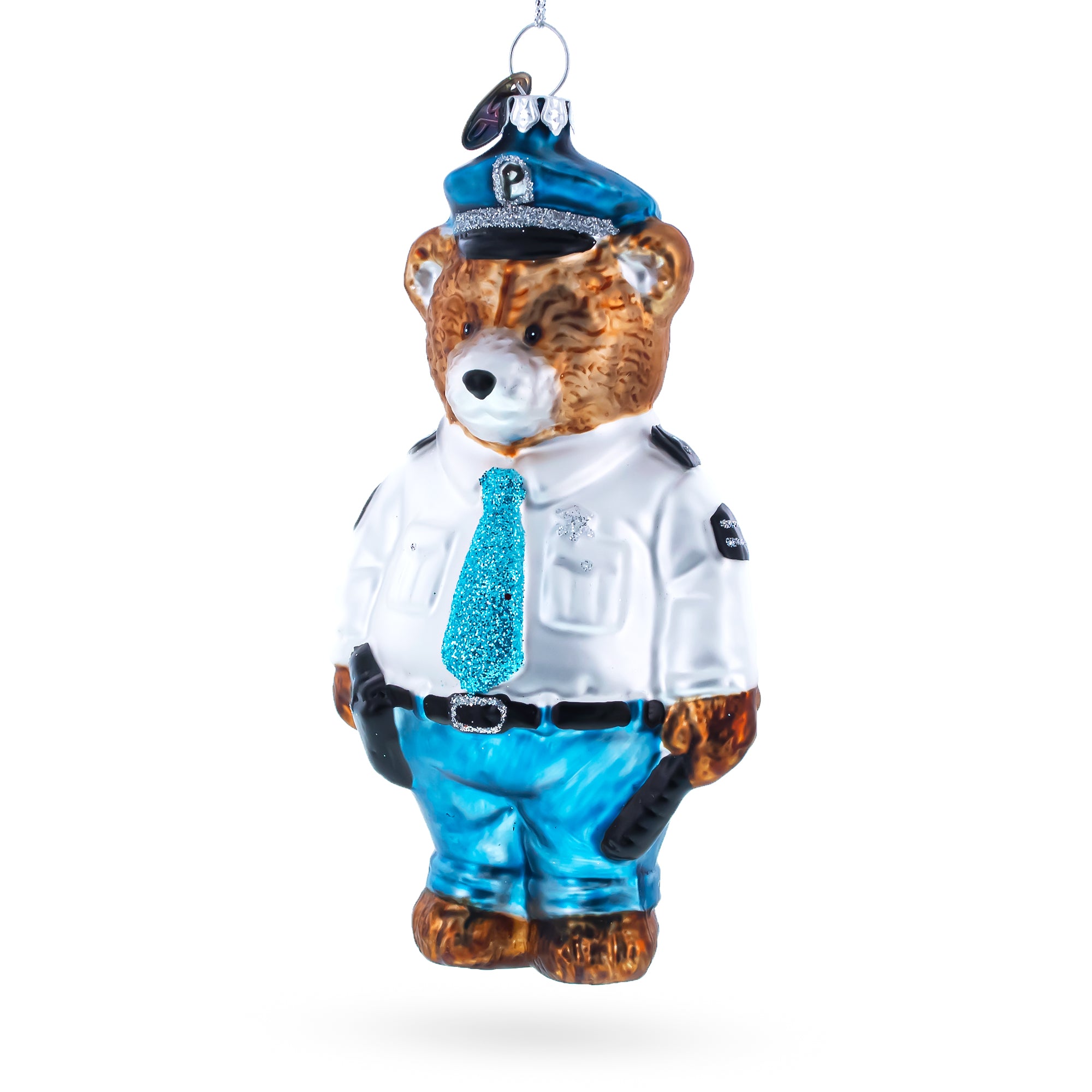 Police Bear Glass Christmas Ornament in White color Figurine